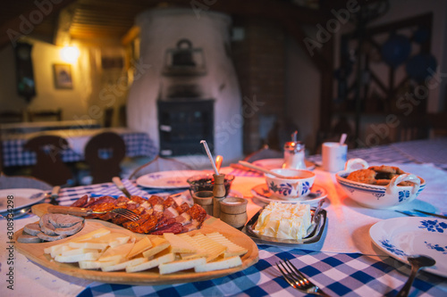 Traditional Hungarian bio breakfast with tea.  