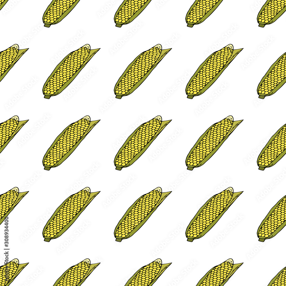 Ripe corn cob with leaves. Seamless pattern. hand drawn vector illustration. Ripe corn cob with leaves. Seamless pattern. hand drawn vector illustration.