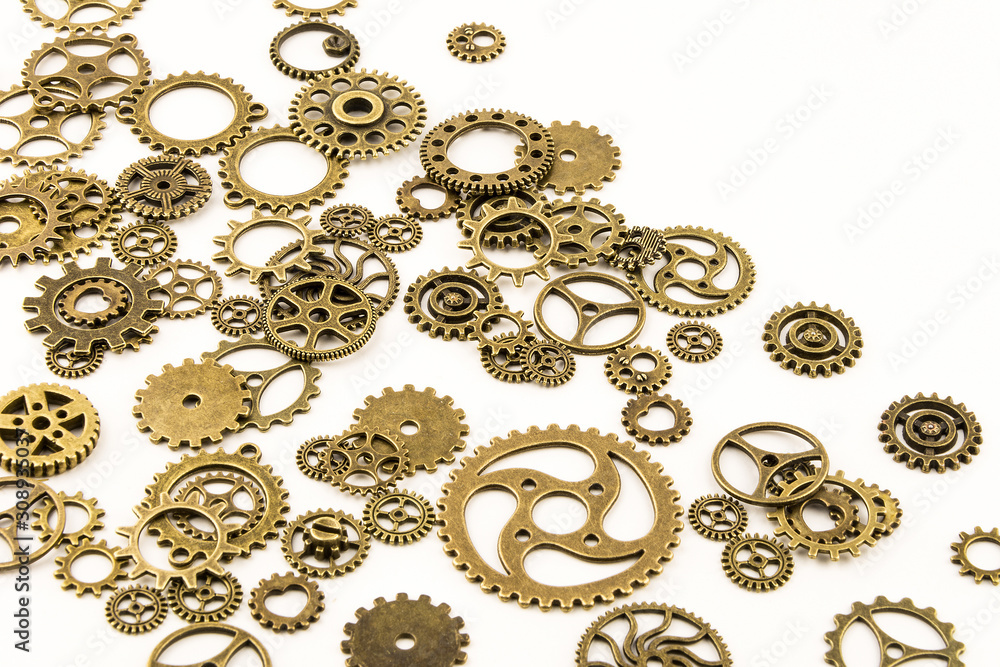 metallic gears background / Closeup of metal cog gears / close up texture pattern steampunk style and old mechanical peaces / decorative frame