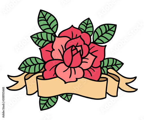 Rose tattoo with ribbon . Vector illustration art. Vintage engraving.