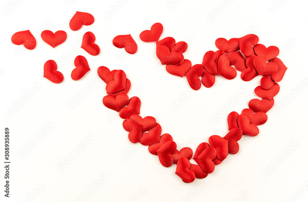 Valentines Day Heart Made of Red little cloth material hearts Isolated on White Background. Big Red Love Heart / seamless close up gift card / wedding Valentines Day Heart Made of Red little cloth material hearts Isolated on White Background. Big Red Love Heart / seamless close up gift card / wedding