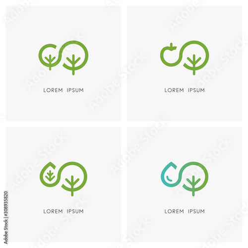 Nature logo set. Green tree and small sapling, apple, leaf and drop of water symbol - ecology and environment, agriculture and gardening icons.
