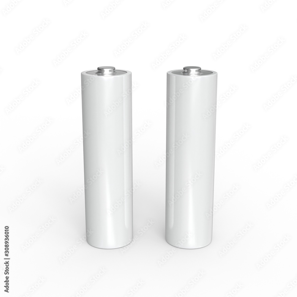 Two blank AA batteries mockup. Accumulator design template. 3d illustration isolated on white Two blank AA batteries mockup. Accumulator design template. 3d illustration isolated on white