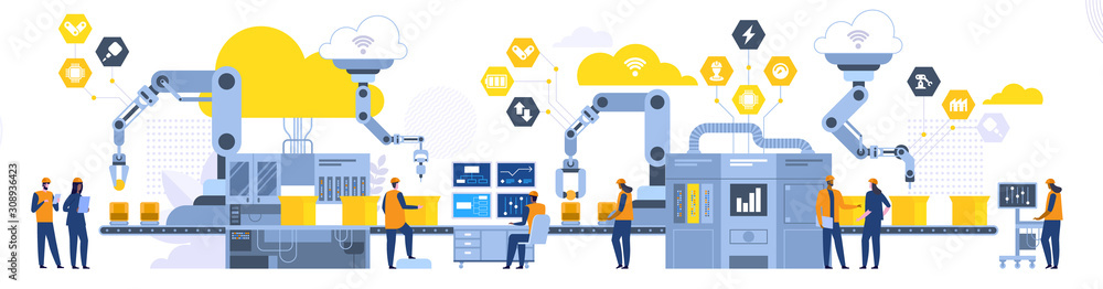 Assembly line with robotic arms flat illustration