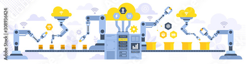 Assembly line with robotic arms flat illustration