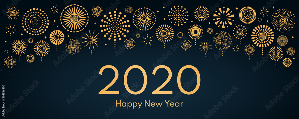 Naklejka Wektorowa ilustracja z jaskrawymi złotymi fajerwerkami na zmroku - błękitny tło, teksta 2020 Szczęśliwego nowego roku. Płaska konstrukcja. Koncepcja na święto, karty z pozdrowieniami, plakat, baner, ulotka.