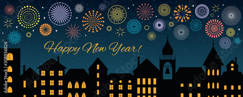Vector illustration with colorful fireworks in the night sky over the black city, text Happy New Year. Flat style design. Concept for holiday celebration, background, card, poster, banner.