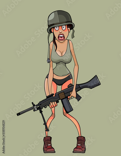 cartoon scared woman soldier in helmet lifts a heavy machine gun