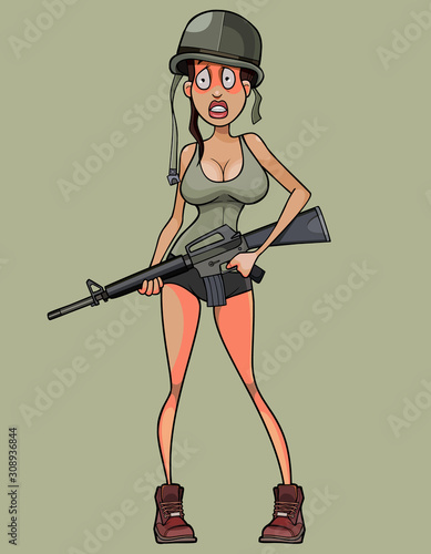 cartoon scared woman soldier in helmet with machine gun in hands