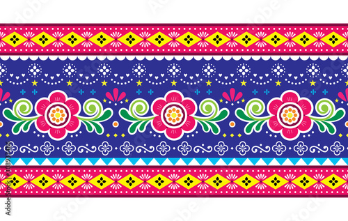 Pakistani truck art vector seamless pattern, Indian truck floral long horizontal design with flowers, leaves and abstract shapes   