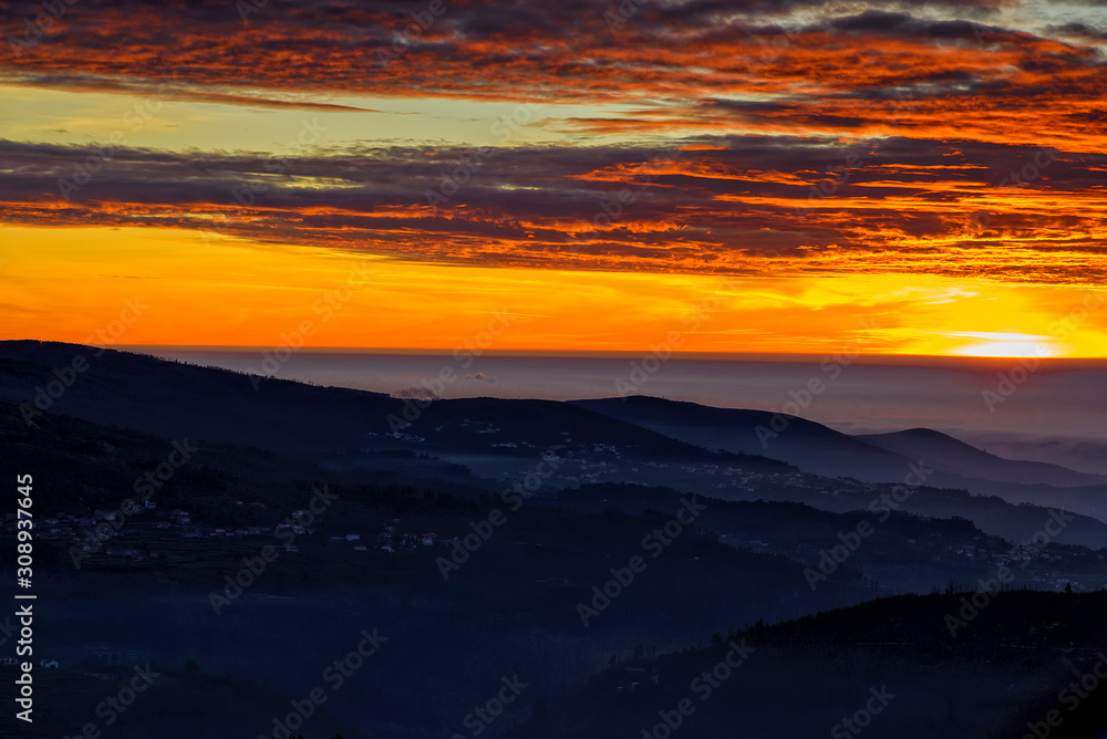 Sunset on fog and mountains in the Serra da Freita (Arouca), Portugal