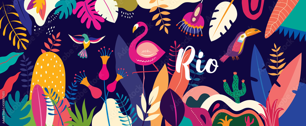 Naklejka Kolorowa ilustracja wektorowa z tropikalnych kwiatów, liści, flamingów i ptaków. Brazylia tropikalny wzór.