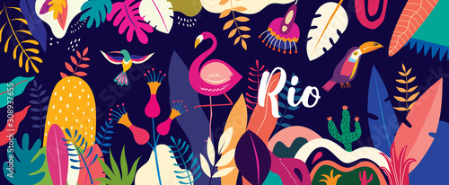 Vector colorful illustration with tropical flowers, leaves, flamingo and birds. Brazil tropical pattern.