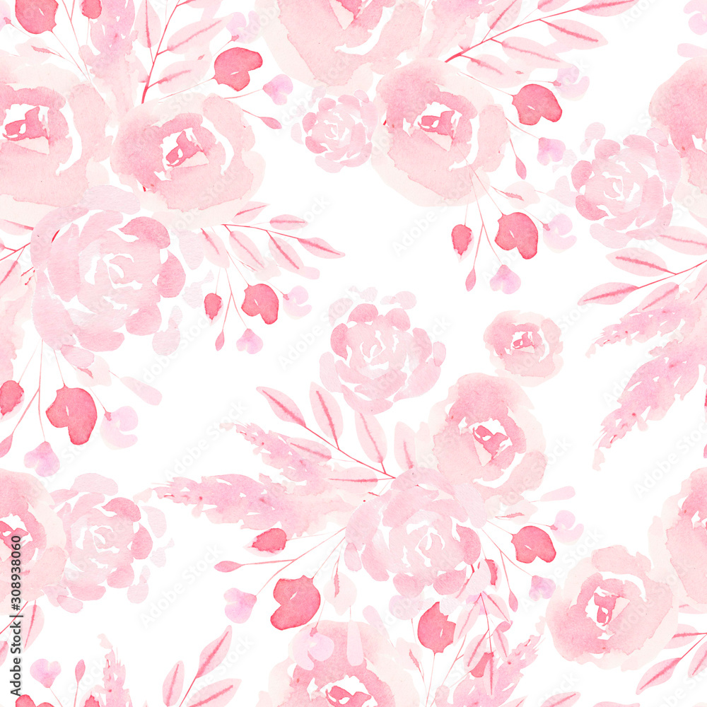 Beautiful Watercolor seamless pattern with roses and peony flowers. 