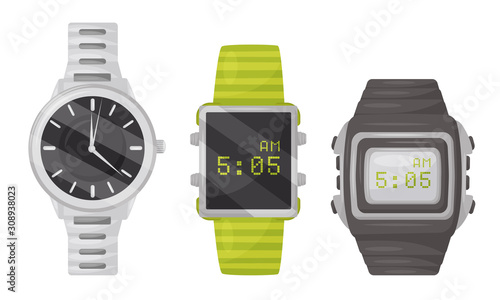 Wrist Watches Collection, Mechanical and Digital Watches Vector Illustration