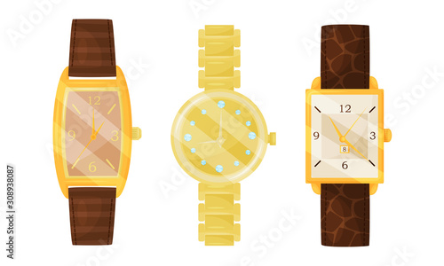 Wrist Watches Collection, Golden Classic Watches Design Vector Illustration