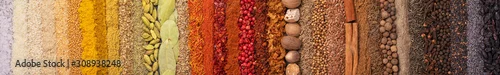 Obraz  z motywem Seasoning, spice and herbs background. Panoramiс background with various condiments for food, top view
