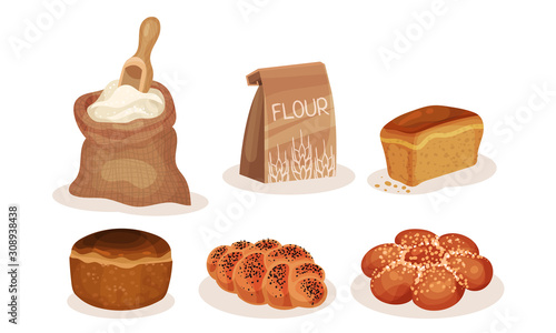 Bakery Pastry Products Collection, Flour, Bread, Loaf, Bun Vector Illustration