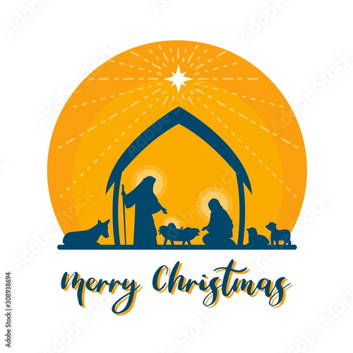 Merry Christmas with Nightly christmas scenery mary and joseph in a manger with baby Jesus vector design