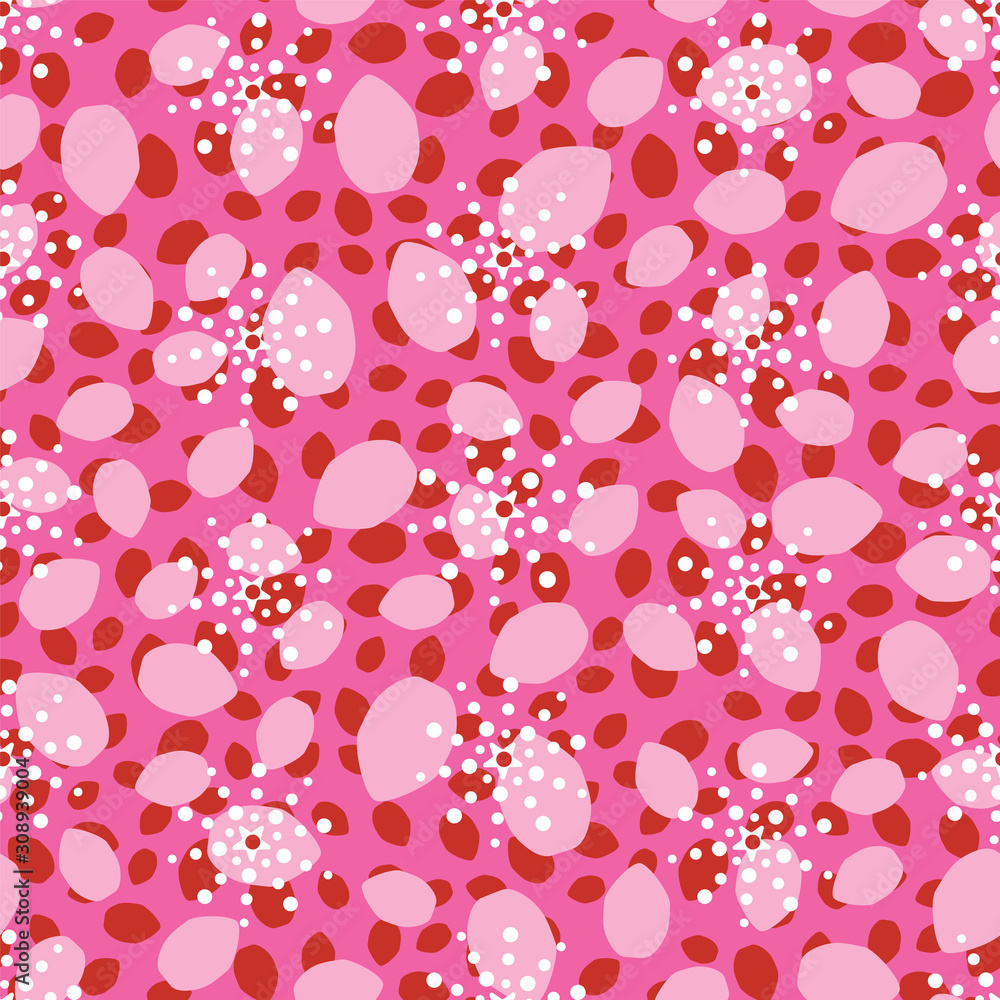 Pink abstract pattern of oval organic shapes representing sakura flower petals flying in the wind. Modern Japanese style print in a graphic colorful style. Vector Pink abstract pattern of oval organic shapes representing sakura flower petals flying in the wind. Modern Japanese style print in a graphic colorful style. Vector