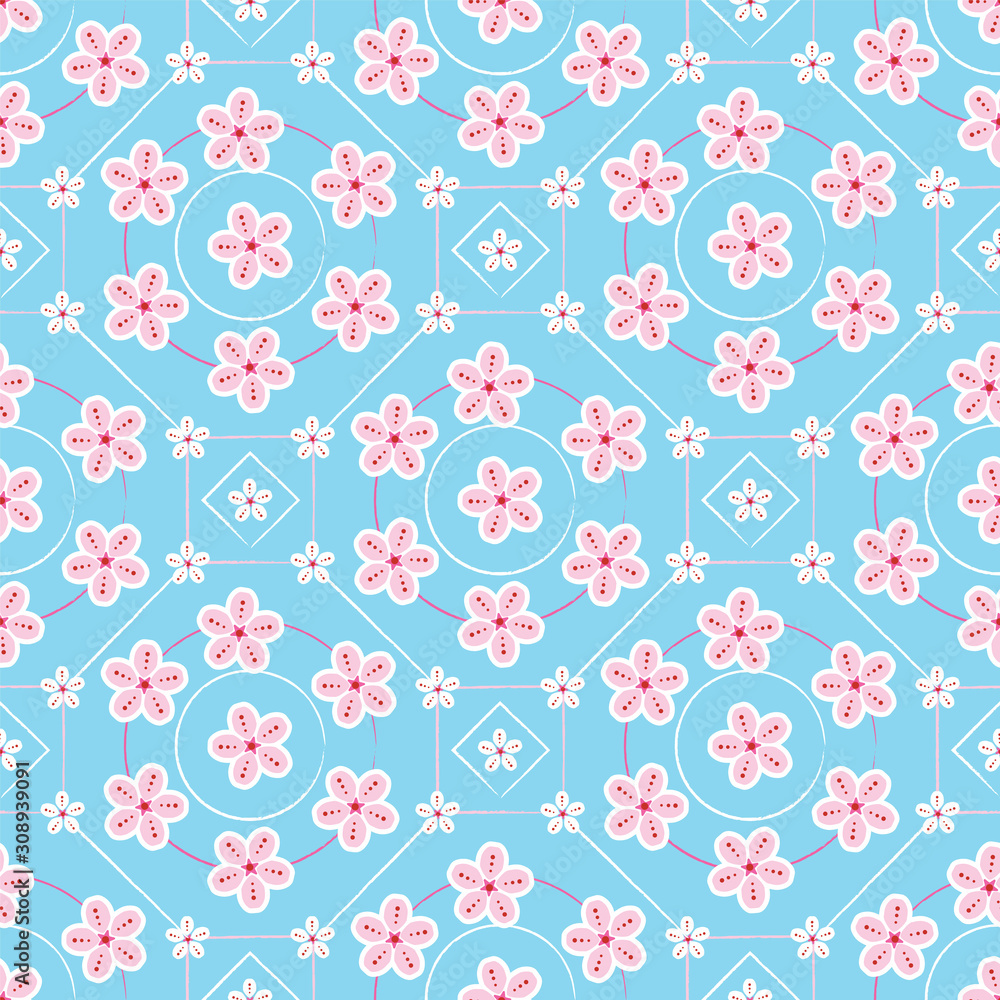 Geometric floral pattern sakura or cherry blossoms flower in a modern flat style. Japanese floral print vector design background.