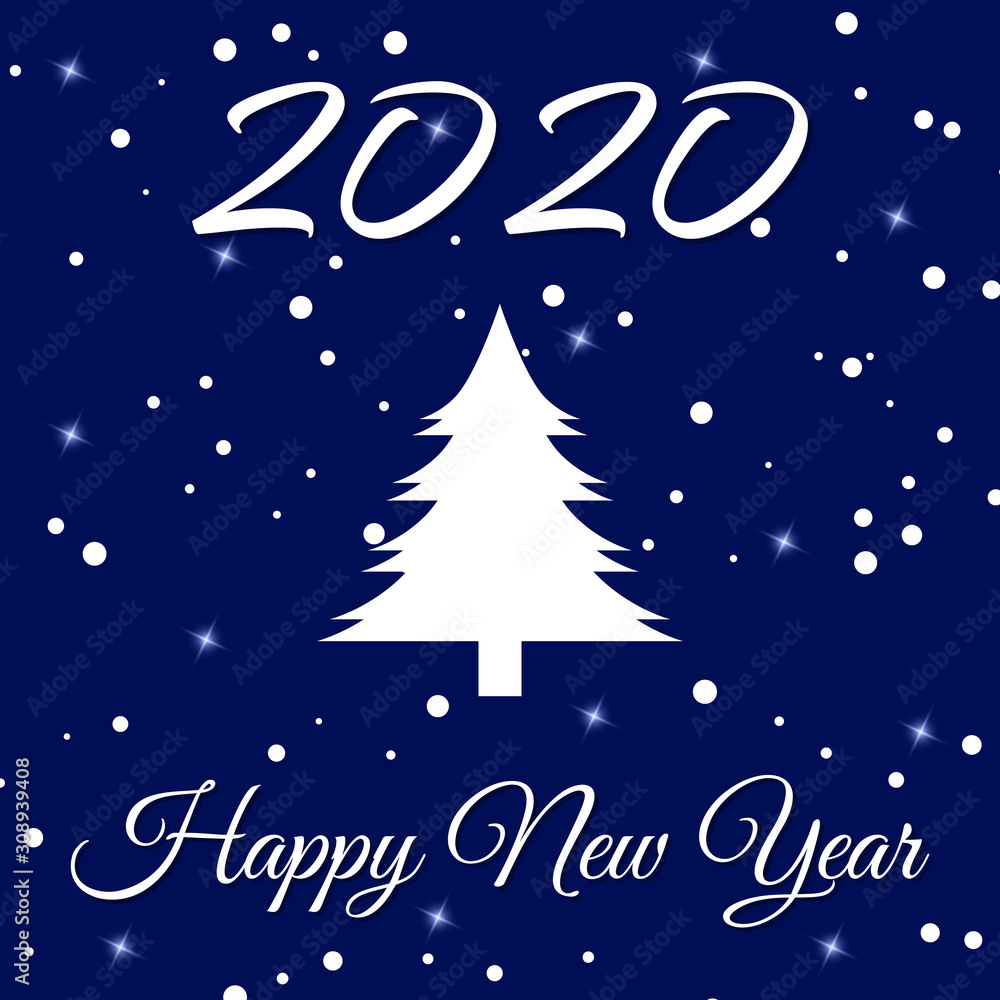 Festive background for the New Year 2020. Christmas tree with snow and flickering highlights on a blue gradient.