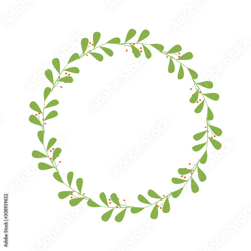 Floral design element. Round frame made of branches with leaves and orange berries. Design template for logo, invitation, greetings. Laconic stylish wreath. Minimalist border. Vector illustration