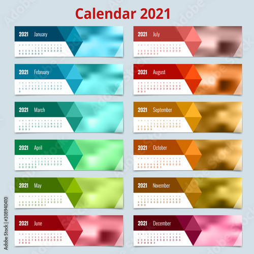 2021 Calendar, Print Template with Place for Photo, Your Logo and Text. Week Starts Sunday. Portrait Orientation. Set of 12 Months. Planner for 2021 Year.