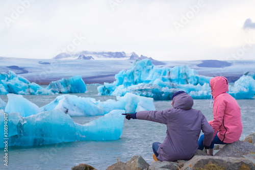 Beautiful photo of Jokulsarlon Glacial lake full of blue floating icebergs. photo