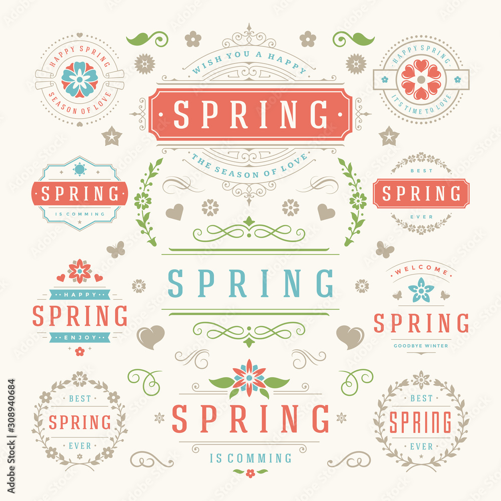 Spring typographic design set retro and vintage style labels or badges vector templates