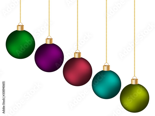 Festive multi-colored New Year and Christmas balls on a white background.