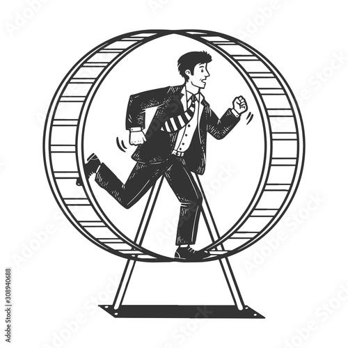 Businessman run in the hamster wheel sketch engraving vector illustration. Metaphor of useless work. T-shirt apparel print design. Scratch board style imitation. Black and white hand drawn image.