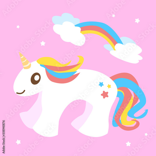 rainbow cartoon cute kawaii unicorn graphic on pink background