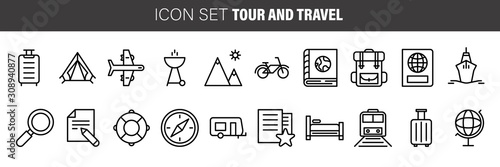 Vector thin line icons set and graphic design elements. Illustration with travel, tourism outline symbols.