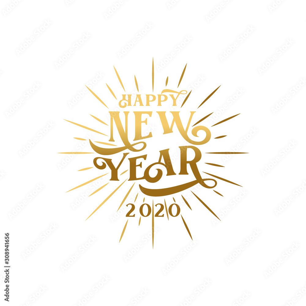 Fototapeta premium Happy New Year Eve 2020 Celebration vector design. New Year 2020 with Luxury Gold Color and isolated on white background. Cool Holiday New Year Banner, Greeting card, logo vector illustration.