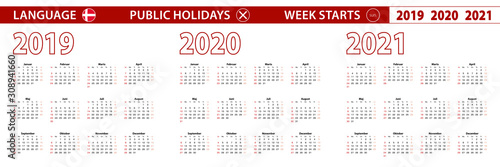 2019, 2020, 2021 year vector calendar in Danish language, week starts on Sunday.