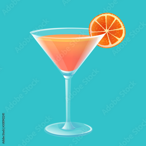 orange juice cocktail punch and orange slice in glass isolated on blue background