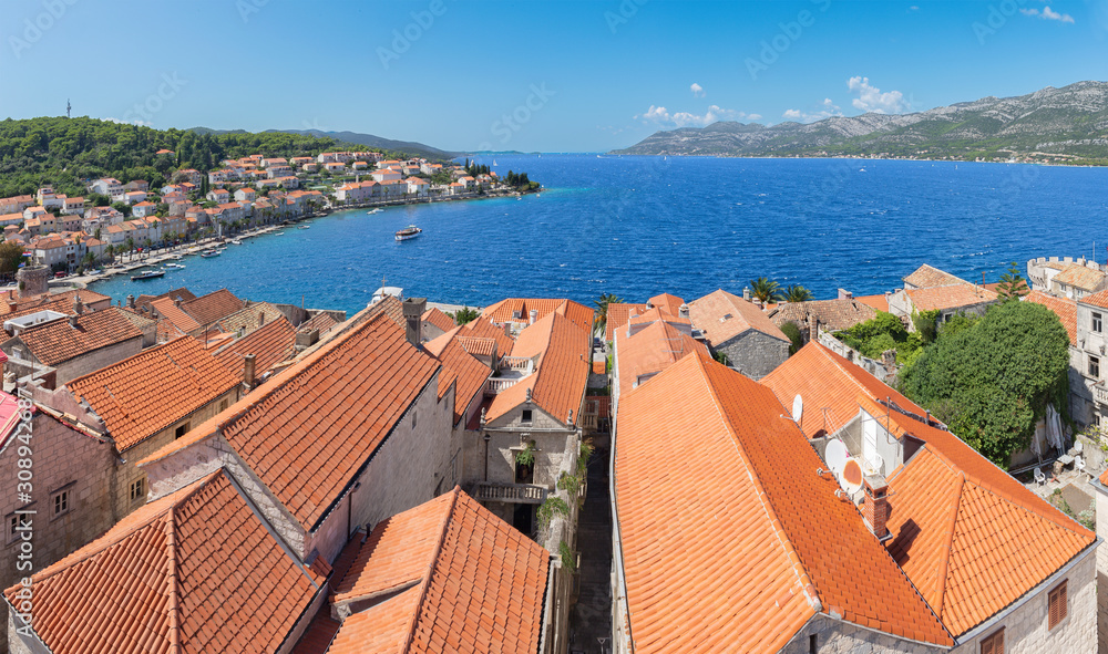 Croatia - The old town of Korcula from the church tower with the born house of Marco Polo in the middle.