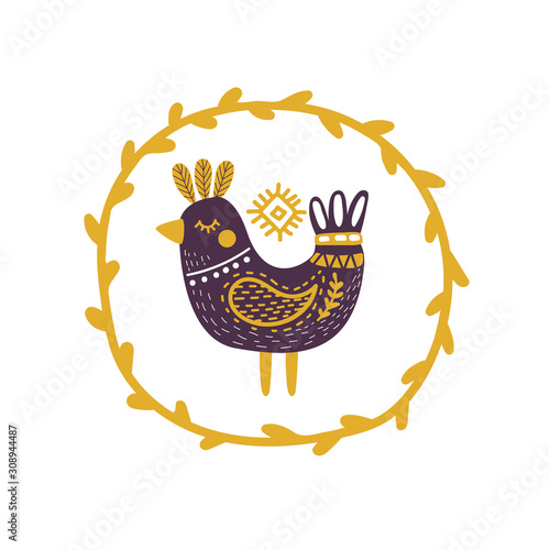 Folk art bird flat vector illustration