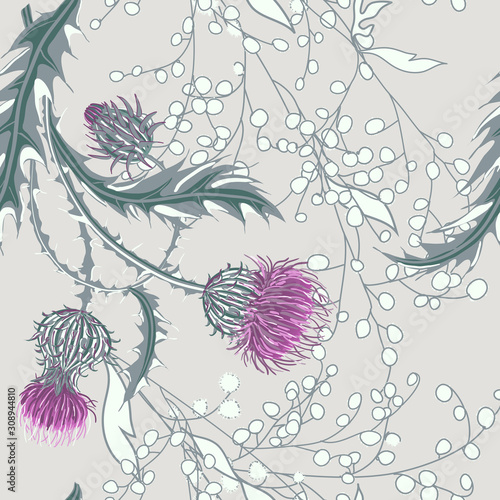Hand drawn composition of a thistle flower. Seamless pattern with Milk Thistle on background of pastel colors.