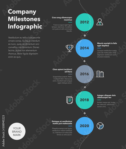 Simple business infographic for company milestones timeline with colorful circles and line icons - dark version. Easy to use for your website or presentation.