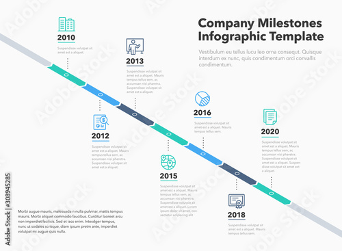 Business infographic for company milestones timeline template with line icons. Easy to use for your website or presentation.