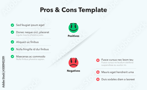 Simple infographic for pros and cons with funny emoji symbols. Easy to use for your website or presentation isolated on light background.pros-cons-template