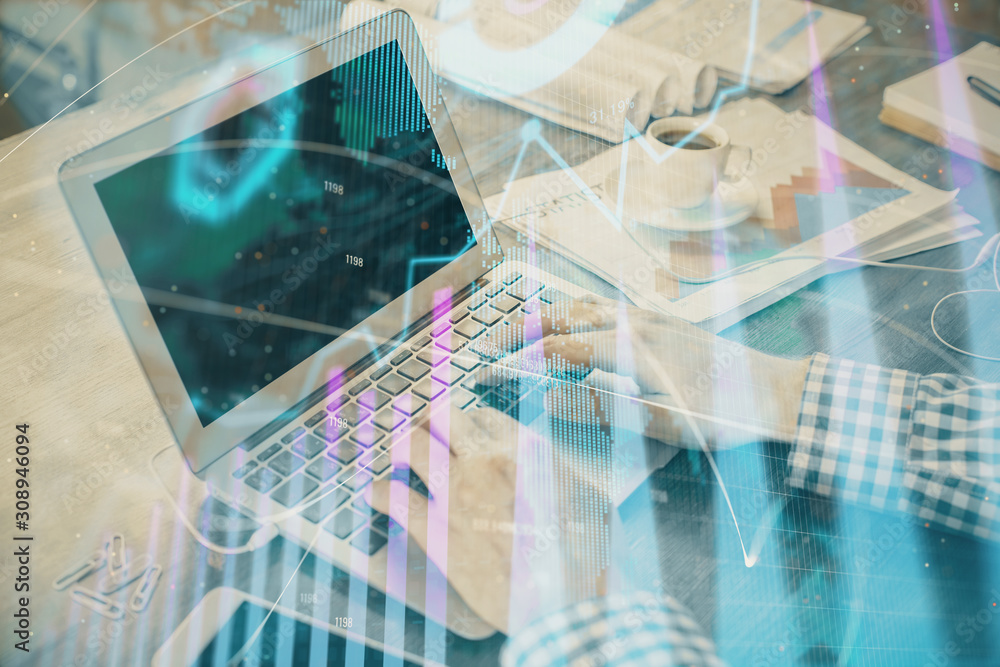 Obraz premium Double exposure of forex graph with man working on computer on background. Concept of market analysis.