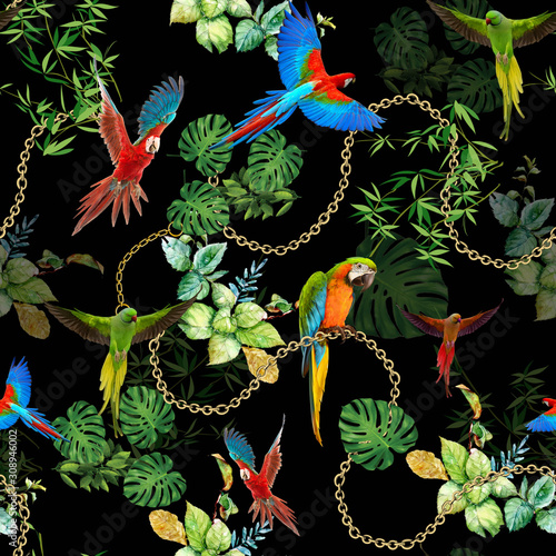 Parrot print pattern with gold chains, leaves on black background.Seamless natural design.- illustration