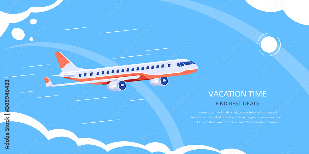 Online flight booking banner design, flat style illustration