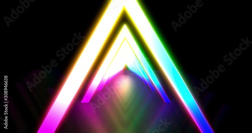 Glowing neon color triangle tunnel. Laser show background. ultraviolet blue purple color spectrum . 3D rendering