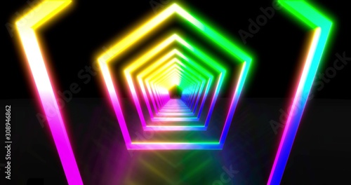 Neon geometric background with LED Fluorescent tunnel. Ultraviolet abstract blue, purple color. animation . 3D rendering