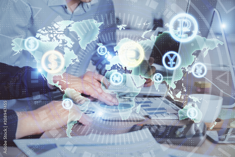 Multi exposure of chart with man typing on computer in office on background. Concept of hard work. Multi exposure of chart with man typing on computer in office on background. Concept of hard work.