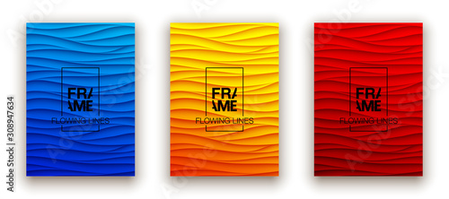 Minimal fluid covers design wall panel. Halftone colorful realistic 3d relief wave design. Future liquid modern interior gypsum stucco relievo patterns. Eps10 vector background set.